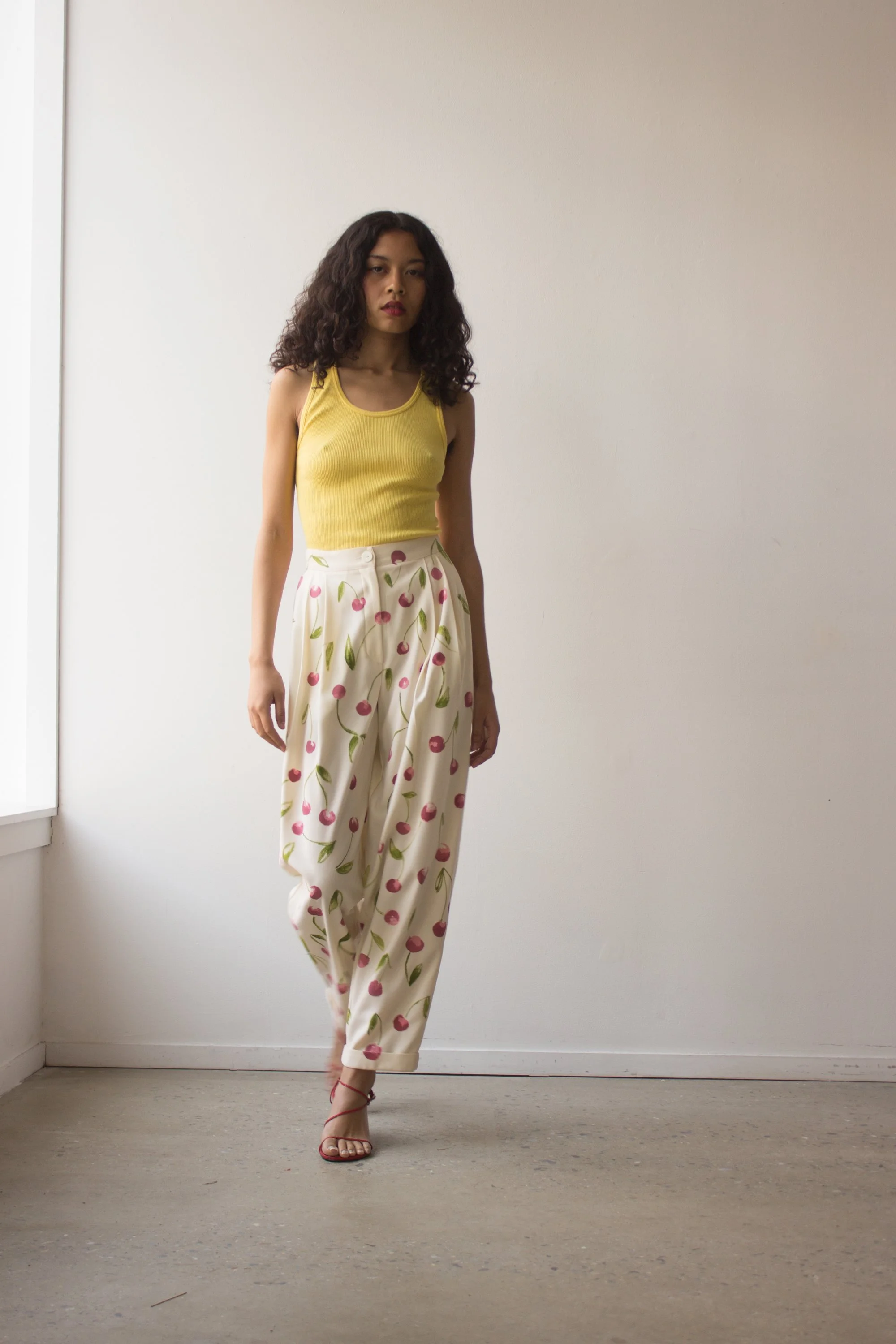 Hand-Painted Cherry Motif 80s Genny Perfect Creme Trousers